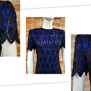 Vintage 80s Cobalt Blue Silk Sequins Disco Top by Stenay w/Original Tags